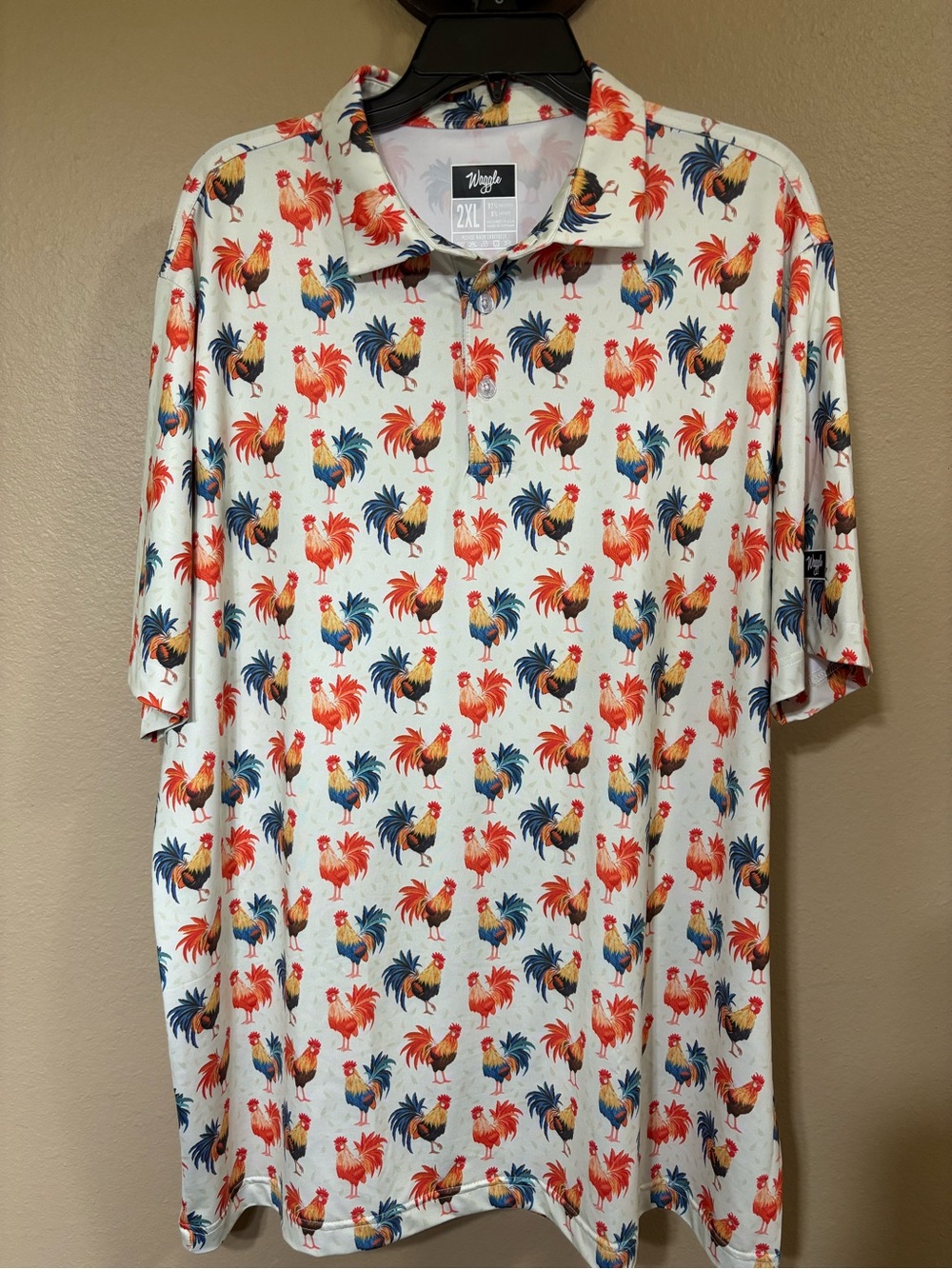 Waggle Men's White Polo with Red & Blue Rooster Print